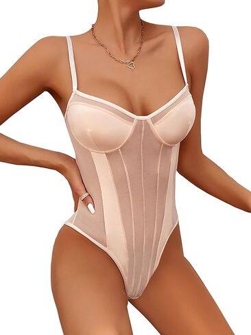 Lilosy Sexy Strappy Wireless Mesh Sheer Babydoll Lingerie Women Teddy Bodysuit Corset Bustier Nightgown Nightshirt See Through One Piece Light Pink Medium in Saudi Arabia