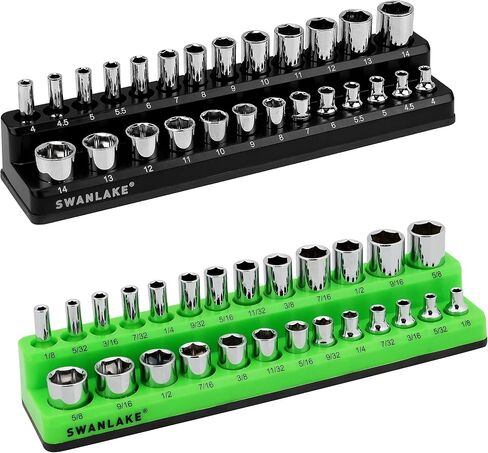 مجموعة منظم المقبس المغناطيسي، حامل مقبس متري مقاس 1/4 بوصة SAE، صواني مقبس المحرك، صندوق أدوات تخزين، يحمل 52 فتحة، غطاء مطاطي ناعم أدوات خضراء سوداء (المقابس غير متضمنة) in Kuwait