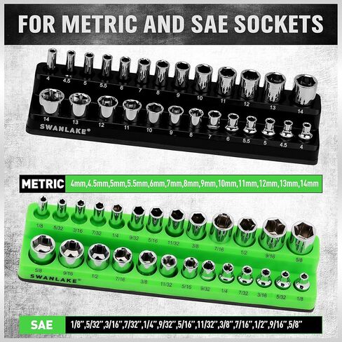 مجموعة منظم المقبس المغناطيسي، حامل مقبس متري مقاس 1/4 بوصة SAE، صواني مقبس المحرك، صندوق أدوات تخزين، يحمل 52 فتحة، غطاء مطاطي ناعم أدوات خضراء سوداء (المقابس غير متضمنة) in Kuwait