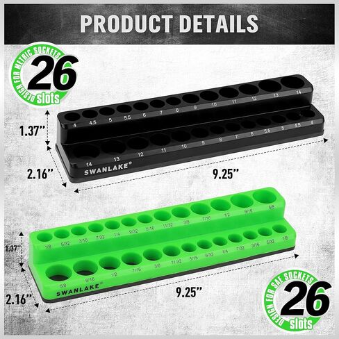 مجموعة منظم المقبس المغناطيسي، حامل مقبس متري مقاس 1/4 بوصة SAE، صواني مقبس المحرك، صندوق أدوات تخزين، يحمل 52 فتحة، غطاء مطاطي ناعم أدوات خضراء سوداء (المقابس غير متضمنة) in Kuwait