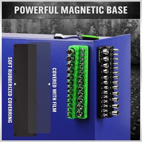مجموعة منظم المقبس المغناطيسي، حامل مقبس متري مقاس 1/4 بوصة SAE، صواني مقبس المحرك، صندوق أدوات تخزين، يحمل 52 فتحة، غطاء مطاطي ناعم أدوات خضراء سوداء (المقابس غير متضمنة) in Kuwait