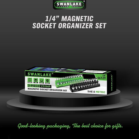 مجموعة منظم المقبس المغناطيسي، حامل مقبس متري مقاس 1/4 بوصة SAE، صواني مقبس المحرك، صندوق أدوات تخزين، يحمل 52 فتحة، غطاء مطاطي ناعم أدوات خضراء سوداء (المقابس غير متضمنة) in Kuwait