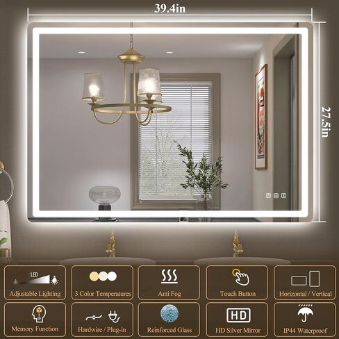 SBAGNO 28x40 LED-Bathroom-Mirror-with-Bluetooth, Dimmable-Lighted-Bathroom-Vanity-Mirror-with-3-Colors，Backlit + Front Lit, Memory Function, Anti-Fog, Tempered Glass, Horizontal/Vertical in Saudi Arabia