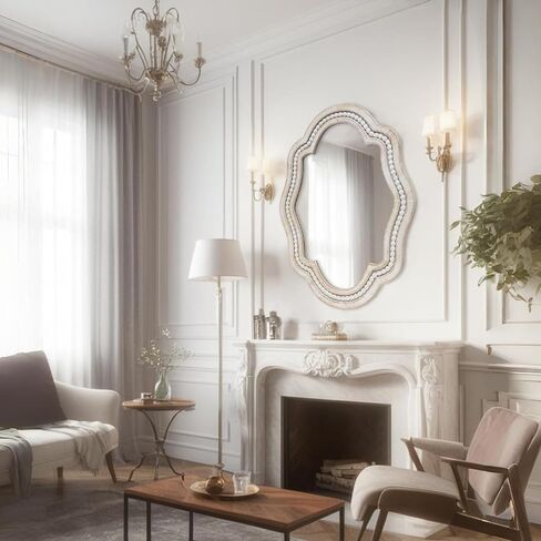 مرآة مطرزة صدفية أنيقة بتصميم فريد، مرآة عتيقة تعزز نمط المنزل، مرايا حائط خشبية أنيقة باللون الأبيض، مرايا حمام صغيرة للجدار، مثالية للحمام، المدخل، غرفة النوم in Kuwait