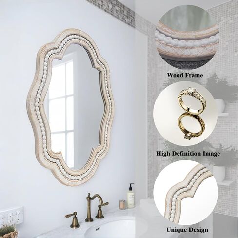 مرآة مطرزة صدفية أنيقة بتصميم فريد، مرآة عتيقة تعزز نمط المنزل، مرايا حائط خشبية أنيقة باللون الأبيض، مرايا حمام صغيرة للجدار، مثالية للحمام، المدخل، غرفة النوم in Kuwait