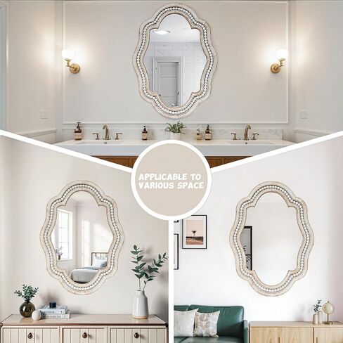 مرآة مطرزة صدفية أنيقة بتصميم فريد، مرآة عتيقة تعزز نمط المنزل، مرايا حائط خشبية أنيقة باللون الأبيض، مرايا حمام صغيرة للجدار، مثالية للحمام، المدخل، غرفة النوم in Kuwait