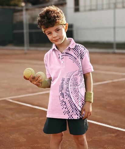 قميص بولو مطبوع للأولاد بأكمام قصيرة أنيق ماص للرطوبة بعامل حماية من الأشعة فوق البنفسجية 30+ قمصان جولف للأداء من 7 إلى 16 سنة in Kuwait