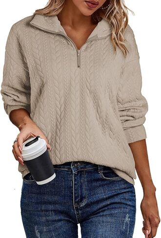 EVALESS Sweatshirt for Women Casual Long Sleeve Quarter Zip Pullover Textured Tops 2024 Fall Clothes with Pockets in Saudi Arabia