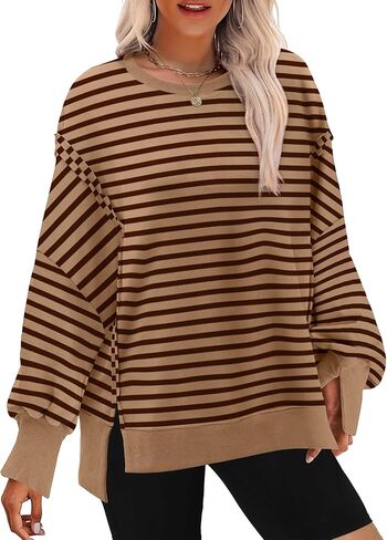 سويت شيرت نسائي كبير الحجم من XIEERDUO، سويت شيرت برقبة دائرية وأكمام طويلة، كاجوال بفتحة جانبية in Kuwait