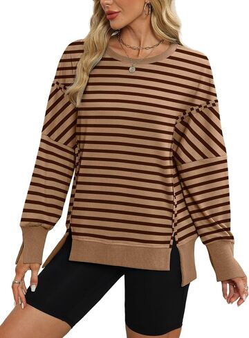 سويت شيرت نسائي كبير الحجم من XIEERDUO، سويت شيرت برقبة دائرية وأكمام طويلة، كاجوال بفتحة جانبية in Kuwait