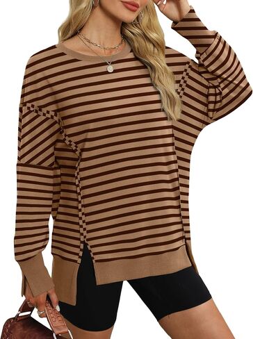 سويت شيرت نسائي كبير الحجم من XIEERDUO، سويت شيرت برقبة دائرية وأكمام طويلة، كاجوال بفتحة جانبية in Kuwait