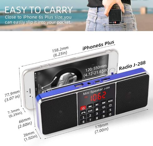 PRUNUS J-288 Portable Radio AM FM Radio, Stereo Bluetooth Speaker | Sleep Timer, Power-Saving Display, Ultra-Long Antenna, AUX Input & USB Disk & TF Card MP3 Player, NO Manual Preset in Kuwait