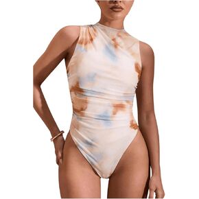 Floerns Women's Sleeveless Tie Dye Thong Ruched Leotard Tank Bodysuit Tops