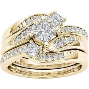 ENDLESSNESS & ETERNITY 3 in 1 Brial Wedding Band Ring Set CZ Cubic Zirconia 14K Gold Plated Engagement Ring Promise Band Ring
