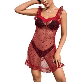 OYOANGLE Women's Heart Print Mesh Sheer Babydoll Chemise Nightgowns Lace Ruffle Lingerie Dress Nightwear
