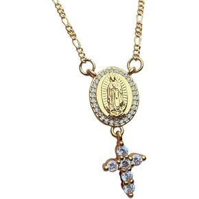 14K Gold Plated Virgin Mary Rosary Bead Cross Necklace - Cross Necklace y2k