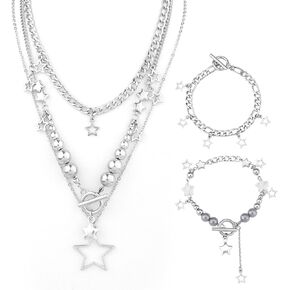 Y2k Star Necklace with 2pcs Bracelets, Silver Star Y2k Grunge Necklace Aesthetic Emo Vintage Jewelry Cute Necklace Y2k Grunge Accessories for Women Girls