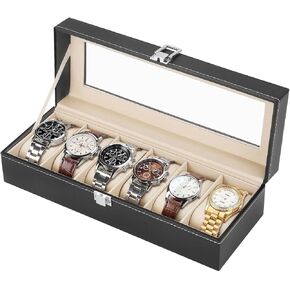 Flexzion Watch Box Organizer for Men and Women - 12 Slots Watch Storage Box with Top Glass Display & Removable Pillows in Each Slot - Premium Watch Cases for Men Made with PU Leather