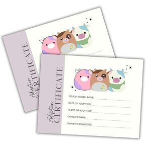 Stuffed Animal Squish Mellow Adoption Certificates | 50 pk 8.5x11" Paper Award Carrier Box Gift Card Care Kit for Kids Dragon Adoption Day
