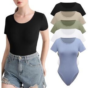 INIBUD Bodysuit for Women 5 Pack Short Sleeve Stretchy Round Crew Neck Casual Basic Body Suits Top
