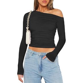 Zeagoo Womens Long Sleeve Off The Shoulder Casual Crop Tops Boat Neck Going Out Slim Fit Y2K T Shirts 2024