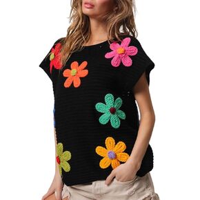 Womens Crochet Flower Embroidery Knit Top Sleeveless Round Neck Knit Sweater