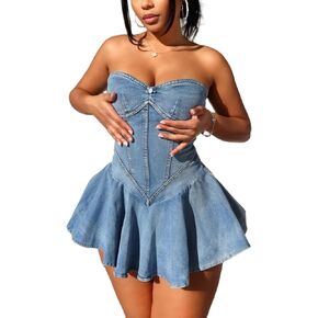 NRTHYE Women's Sexy Strapless Denim Dress Off Shoulder Corset Tube Summer Mini Jean Dresses