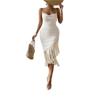 Women's Boho Fringe Hem Sleeveless Backless Pencil Midi Dress Back Criss Cross Cami Dresses Summer Dress
