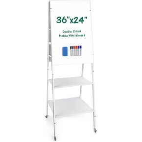Dry Erase Board with Stand, 36" x 24" Double-Sided Mobile White Board Kids Easel for Homeschool, Magnetic Adjustable Rolling Whiteboard Easel with Storage for theacing and Back to School Supplies.