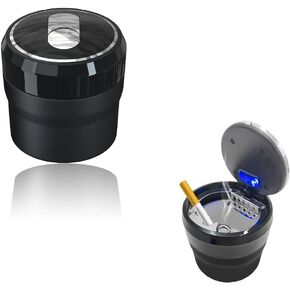 Car Ashtray, Portable Smokeless Cylinder Cup Holder Ash Tray, Smokeless Auto Ash Tray with Lid & LED Blue Light for Most Vehicles, Universal Interior Car Accessories (Black, Large)