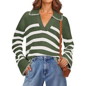 MEROKEETY Women's 2024 Fall Oversized Striped Sweater Collared V Neck Long Sleeve Trendy Knit Pullover Tops