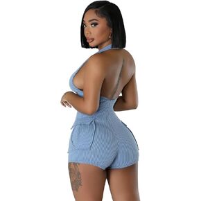 ThusFar Women Summer Sleeveless Cargo Short Rompers Sexy Halter V Neck Texture Skinny Party Club One Piece Jumpsuits