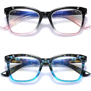 Areyeth 2 Pair Oversized Square Trendy Reading Glasses for Women, Blue Light Blocking Computer Readers with Flexible Spring Hinge(Black/Transparent + Demi/Blue, 1.50)
