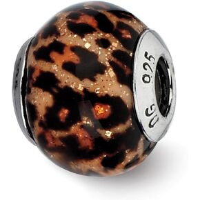 The Black Bow Brown Jaguar Glitter Overlay Glass & Sterling Silver Bead Charm, 15mm
