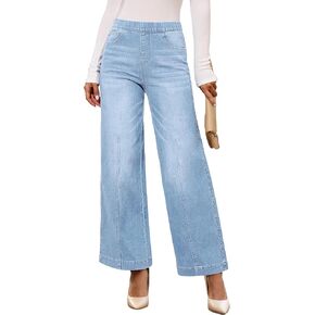 Vetinee Wide Leg Womens Jeans High Waisted Trendy Pull On Seamed Front Stretchy Denim Jean Pants Pockets Trouser Jeans