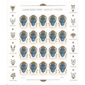 Celebrating Lunar New Year: Year of The Rat, Full Sheet of 20 First Class US Postage Stamps, USA 2020