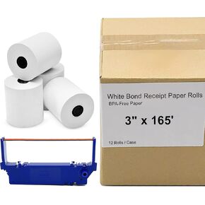12 Roll Case of 3" x 165' Clover White Bond Receipt Roll Paper for Star SP700 Printer and 1 Star RC700BR Black/Red Printer Ink Ribbon