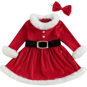Baby Girls Christmas Dress Velvet Santa Claus Dress Long Sleeve Plush Xmas Princess Party Cosplay Costume Dress