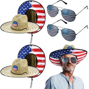 4 Pcs Patriotic American Flag Sun Hat and Sunglasses 4th of July Adjustable Straw Hat USA Flag Glasses Independence Day Accessories for Man Women Summer Outdoor Gifts