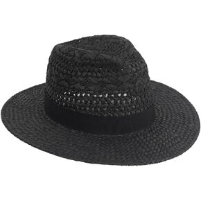 Summer Straw Sun Hat, Wide Brim Fedora Panama Beach Hats for Men and Women(Black,M), Medium