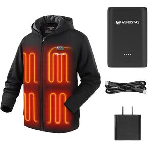 Venustas Men's Dual-Control Heated Canvas Jacket with 12V Battery, Plus 35W Fast-Charging Adaptor (Male, Black, Large)