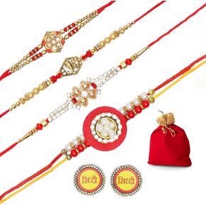 Bhaiya Bhabhi Rakhi set Rakhi Lumba Set with dora for Brother Bhabhi Rakhi set of 4 Family Rakhi Thread Bracelet Dori Kalwa with Gift Red Bag set in Indian Traditional Festival Shubh Labh Stickers