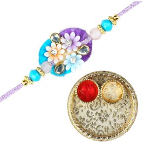 Single Rakhi for Brother Rakhi Thread for Bhai Bhabhi Bhaiya Bhatiji veera Raksha Bandhan Rakhi Set Dora Bracelet Kalwa with Flower Design Kumkum Plate Platter for Brother Sister Indian Traditional Festival
