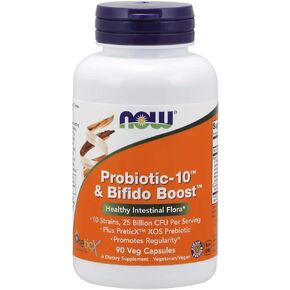 NOW Supplements, Probiotic-10™ & Bifido Boost™ with 10 Strains, 25 Billion CFU Per Serving, plus PreticX™ XOS Prebiotic, 90 Veg Capsules