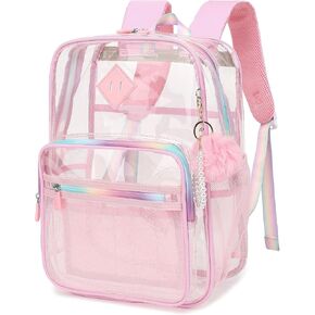 Pink Clear Backpack for School, Heavy Duty PVC Transparent Bookbag See Through Backpack for Girls Women College Work Travel