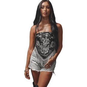Rhinestone Fringe Strapless Bandana Top Black and White Paisley Pattern in Saudi Arabia