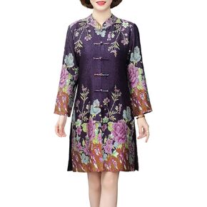 Women’s Bubble Crinkle Fabric Flower Print Reversible Chinese Long Shirt
