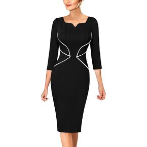 VFSHOW Womens Notch V Neck Office Business Work Slim Fit Sheath Pencil Dress