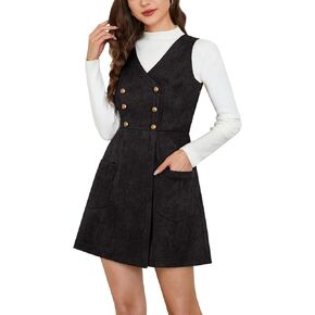 Belle Poque Women’s Vintage Faux Suede A-Line Pinafore Overall Dress with Pockets V Neck Elastic Waist Fall Outfits