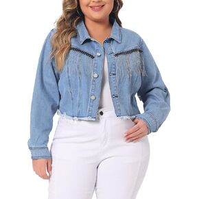 Agnes Orinda Plus Size Denim Jacket for Women Frayed Hem Tassel Button 2024 Jeans Cropped Denim Jackets